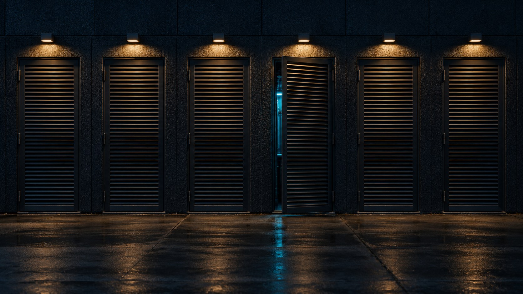 Six dark ventilation gates under warm lights, with one slightly open gate revealing cyan light